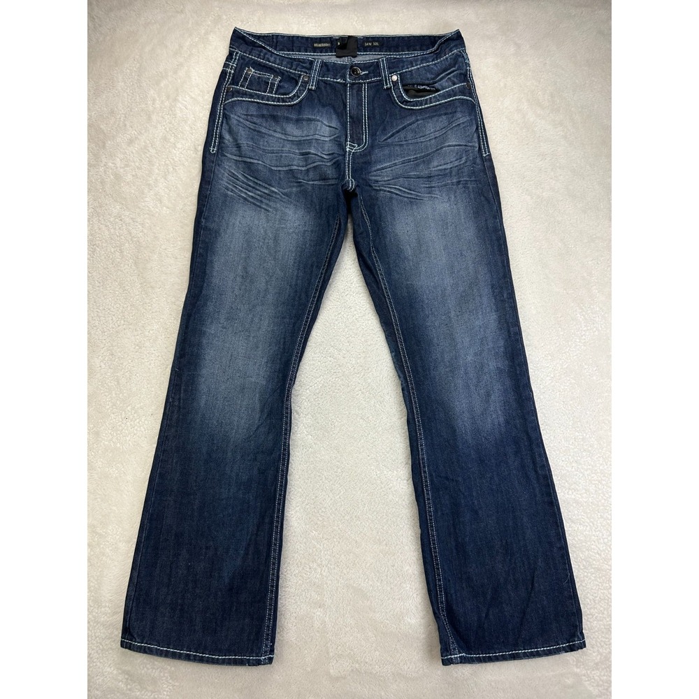 Helix Relaxed Bootcut Jeans Mens 34x32 Indigo Dark Wash Denim Whisker Mid Rise
